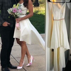 White cocktail high low formal dress with rose gold belt